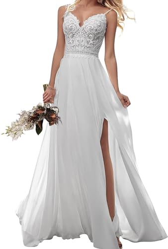 JAEDEN Damen Brautkleid Spaghettiträger Hochzeitskleid Boho Spitze Strand Braut Kleider A-Linie Standesamtkleid Weiß...