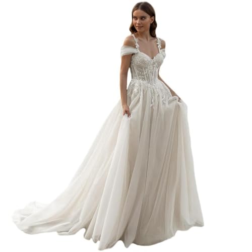 HUINI Boho Brautkleider mit Spitzenapplikationen A-Linie langes Tüll Strand Hochzeitskleid mit Schleppe für die Braut...