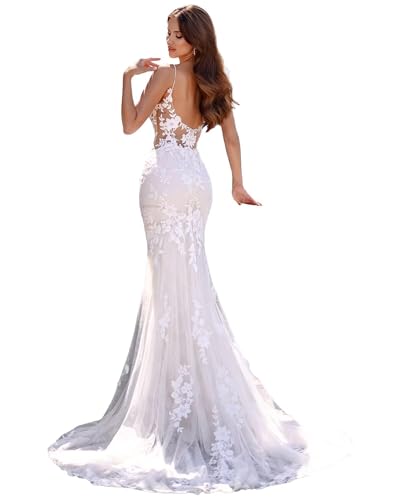 HUINI Damen Lange Brautkleid mit Schleppe Boho A-Linie Tüll Spitzenapplikationen Hochzeitskleider für die Braut Weiß...