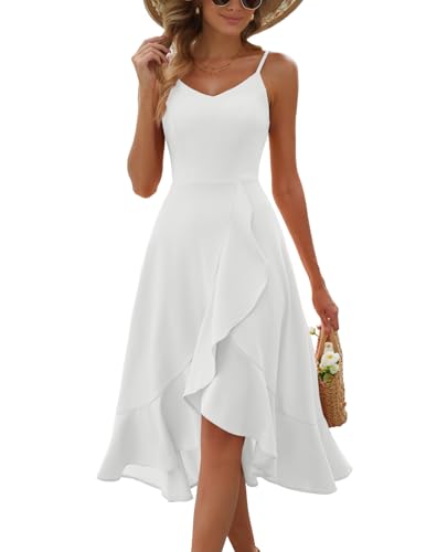 DRESSTELLS Cocktailkleid Damen Kleid Hochzeit Festlich Träger Hochtief Kleider Weiß Knielang Rüschensaum Sommerkleid...