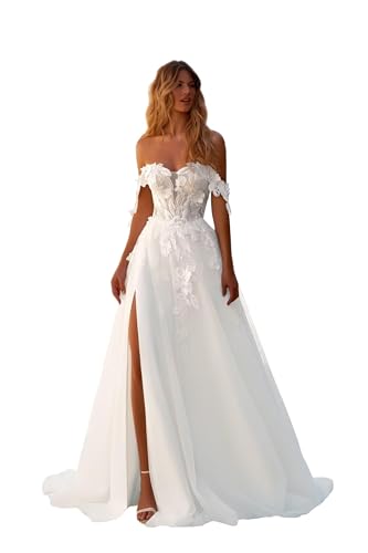 HUINI Spitzenapplikationen Brautkleid mit Schleppe Boho A-LinieTüll Brautkleider Strand Hochzeitskleid für die Braut...