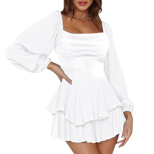 Weißes Kleid, Piratenkostüm Damen Off Shoulder Strampler Weiß Kleid Langarm Jumpsuit Shorts Minikleid Boho Overalls...