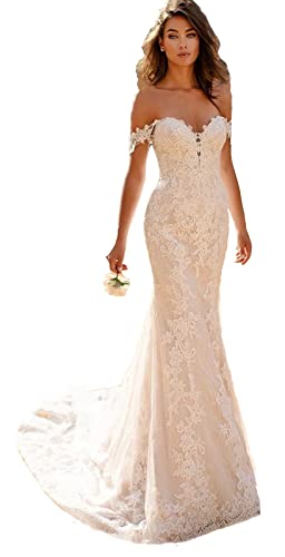 OLLWBYDM Damen Schulterfrei Spitze Meerjungfrau Brautkleider Schatz Sweep Zug Boho Brautkleider Tüll, A-Elfenbein, 40