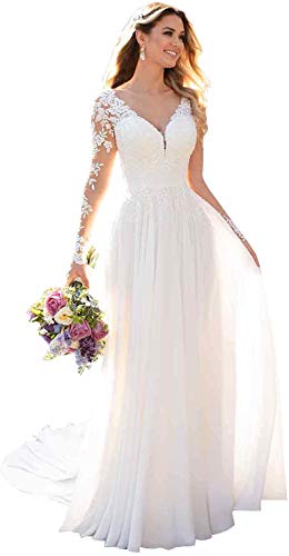 HUINI Brautkleider Spitzen Lang - Chiffon Hochzeitskleider Standesamt V-Ausschnitt Prinzessin Brautkleid Langarm...