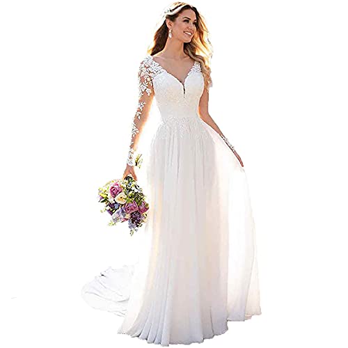 OMVOVSO Frauen V-Ausschnitt Brautkleider, Lange Ärmel, Spitze Chiffon Boho Brautkleider, Kanzlei,Weiß,US14