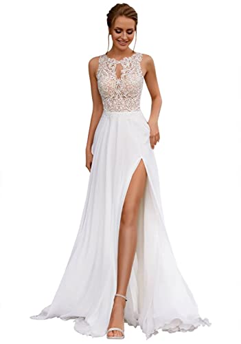 HUINI Brautkleider Lang Spitzen A-Linie Hochzeitskleid Boho Standesamt Brautmode Kleid B-Weiß 42