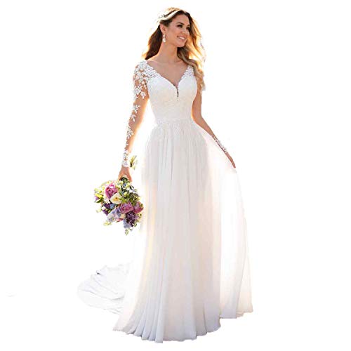 Nanger Damen V-Ausschnitt Hochzeitskleider Lang Ärmel Spitze Chiffon Boho Brautkleider Weiß 42