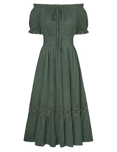 Viktorianisches Kleid Damen Puffärmel Elastische Taille Casaul A-Linie Rüschenkleid Olivgrün M