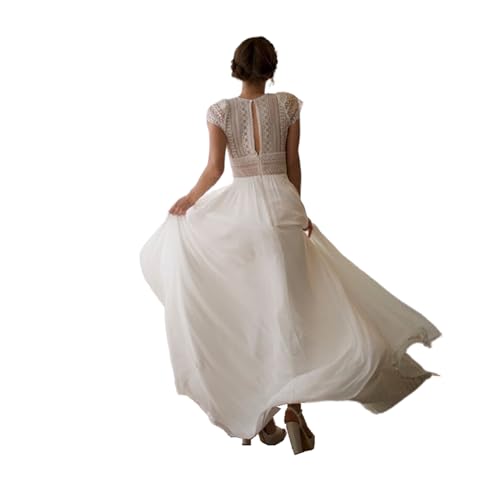 ZODICK Vintage Böhmisches Hochzeitskleid Spitze Kurze Ärmel Langes Brautkleid Chiffon Strand Brautkleid einfach...