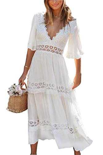 L&ieserram Damen Spitze Strandkleid Lang Boho Kleid Weiß Sommerkleid Kurzarm V-Ausschnitt Maxi Elegant Sommer Hochzeit...