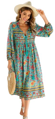 R.Vivimos Damen Beiläufig Bohemien Drucken Krawatte Langarm Strand Stil Lang Midi Urlaub Kleid(Small,Grün)