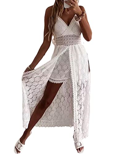 SANSIWU Damen V-Ausschnitt Ärmellos Strick Spitze Cutout Sling Maxikleid Rüschen Offener Rücken Unregelmäßiger Saum...