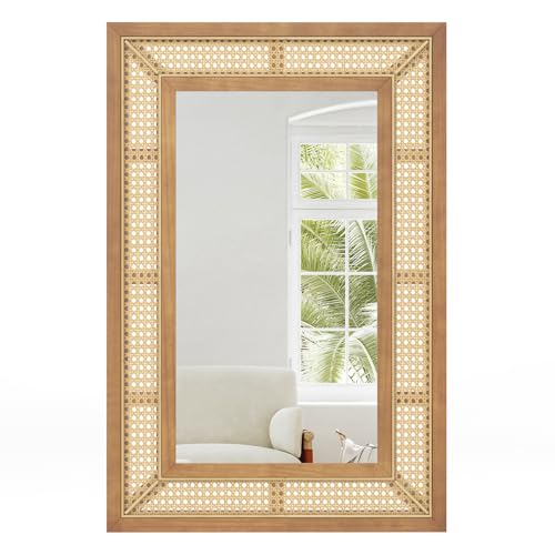 COSTWAY Rechteckiger Wandspiegel Rattan, 90 x 60 cm, dekorativer Spiegel mit Holzrahmen & Haken, horizontal oder...