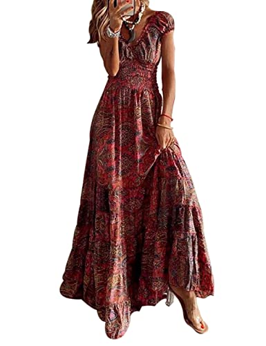 ABYOVRT Sommer Kleider Damen Sommerkleid Boho Lang Kleider Böhmisch Blumen Strandkleid V-Ausschnitt Freizeitkleider...