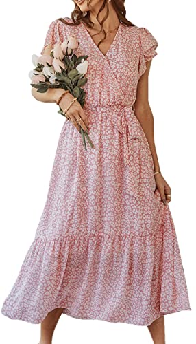 Jiraewh Damen Blumen Lange Kleid Chiffon Rüschen Kurzarm V-Ausschnitt Elegant Strandkleider Sommerkleider mit...