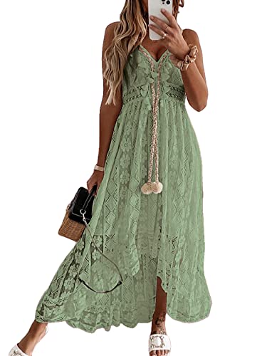 CUPSHE Damen Sommerkleid V Ausschnitt Floral Spitze Quasten Spaghetti Trägerkleid Freizeitkleider Hi-Low Party Boho...