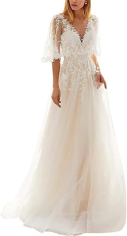 Boho-Spitze-Brautkleid mit Ärmeln, langes ziviles Tüll-Brautkleid, A-Linie, Strand, Brautmode, Elfenbein, 40