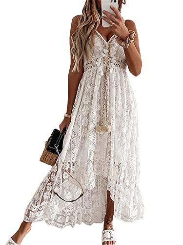Acrawnni Damen V-Ausschnitt Ärmellos Strick Spitze Ausschnitt Sling Maxikleid Rüschen Offener Rücken Unregelmäßiger...