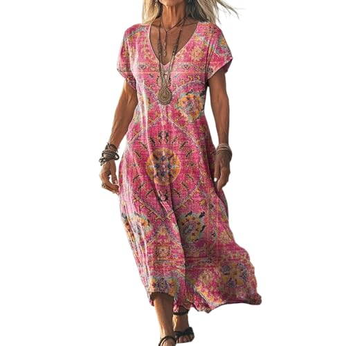 Sommerkleid Damen Lang Sommerkleider Damen Leicht und Luftig Boho Kleid Kurzarm V-Ausschnitt Maxikleider A-Linie...