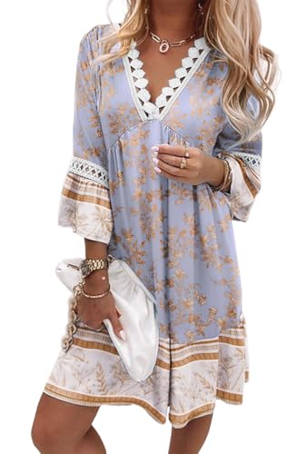 YUTILA Damen Bohemian Strandkleid V-Ausschnitt 3/4 Arm Blumenmuster Mini Tunika Kleid Vintage Ethnostil Sommerkleider...