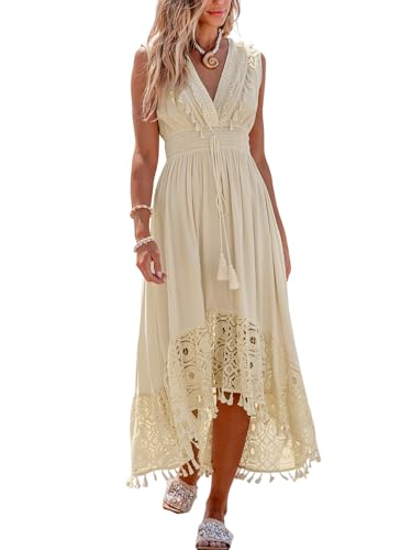 CUPSHE Damen Sommerkleid Spitze V Ausschnitt Ärmellos Kleid Gesmokte Taille Lang Freizeitkleid Quaste Strand Maxi Dress...