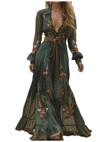 ORANDESIGNE Damen Langes Boho Kleid Vintage Rustikaler Stil V-Ausschnitt Kleid mit Blumenmuster Lässiges Maxikleid...
