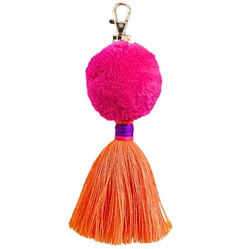 happymaker - Pom Pom Schlüsselanhänger pink, Anhänger Tasche Damen, Bommel Anhänger mit Quaste und Karabiner, Bunter...