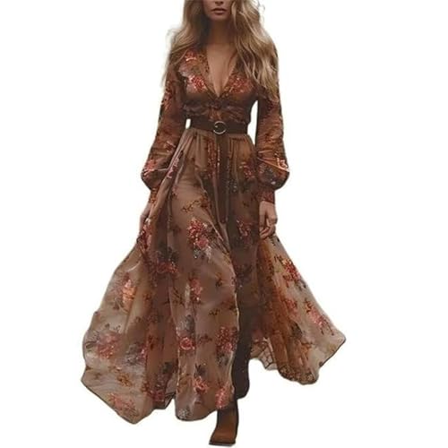 JIAALU Damen Kleider Vintage Rustikaler Stil Langes Boho Kleid Lässiges Maxikleid Blumenmuster Kleid Frühling Langarm...