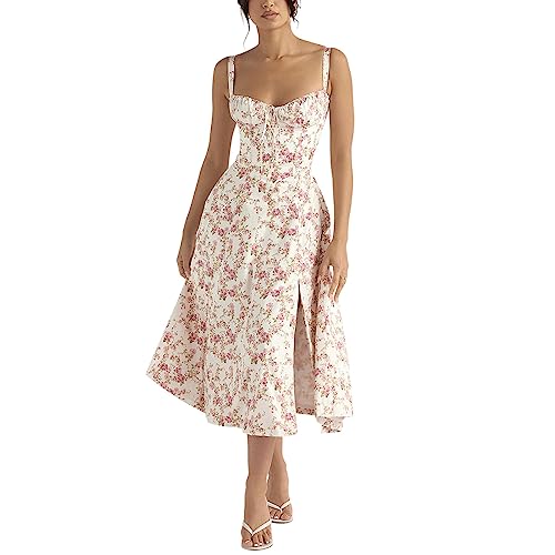 IBTOM CASTLE Damen Blumen Korsett Kleid Quadratischer Ausschnitt Spaghettiträger Sommer Boho Sonnenkleid Lässig Flowy...