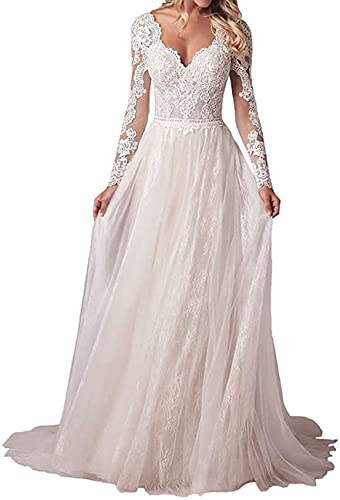 Vintage Spitzen Langarm Strand Standesamtkleid Boho Brautkleid, WZEFEIO, Elfenbein, 48