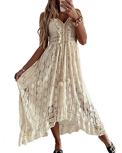 Damen-Maxikleid mit V-Ausschnitt, ärmellos, gestrickt, Spitze, Cutout, Schlinge, Rüschen, offener Rücken,...