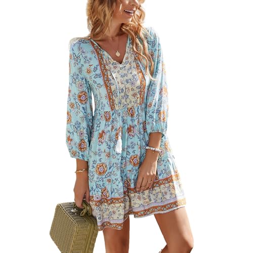 TcIFE Damen Bohemian Tunika Kleid Strandkleid Sommerkleider Vintage Strandtunika 3/4-Arm Rundhals Kleid Blumenmuster...