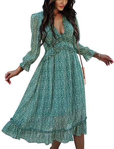 Ajpguot Boho Kleid Damen Chiffon Lange Sommerkleid Partykleid Tief V-Ausschnitt Abendkleid Maxikleid Rüschen...