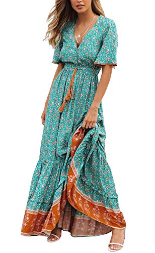 R.Vivimos Damen Sommer Boho V-Ausschnitt Button Up Kurzarm böhmischen Print Rüsche Rand Strand Stil Lange Maxi Kleid...