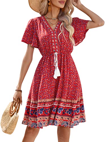 KOJOOIN Damen Sommerkleid Boho Tunika Kleid Kurzarm Minikleider V-Ausschnitt Strandkleid kurz Blumenkleid Rüschen...