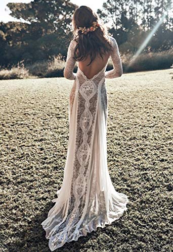 Stilvolle Einfachheit Brautkleid - Vintage Lace Backless Boho Beach Brautkleider Langarm Nude Futter Country Bohemian...